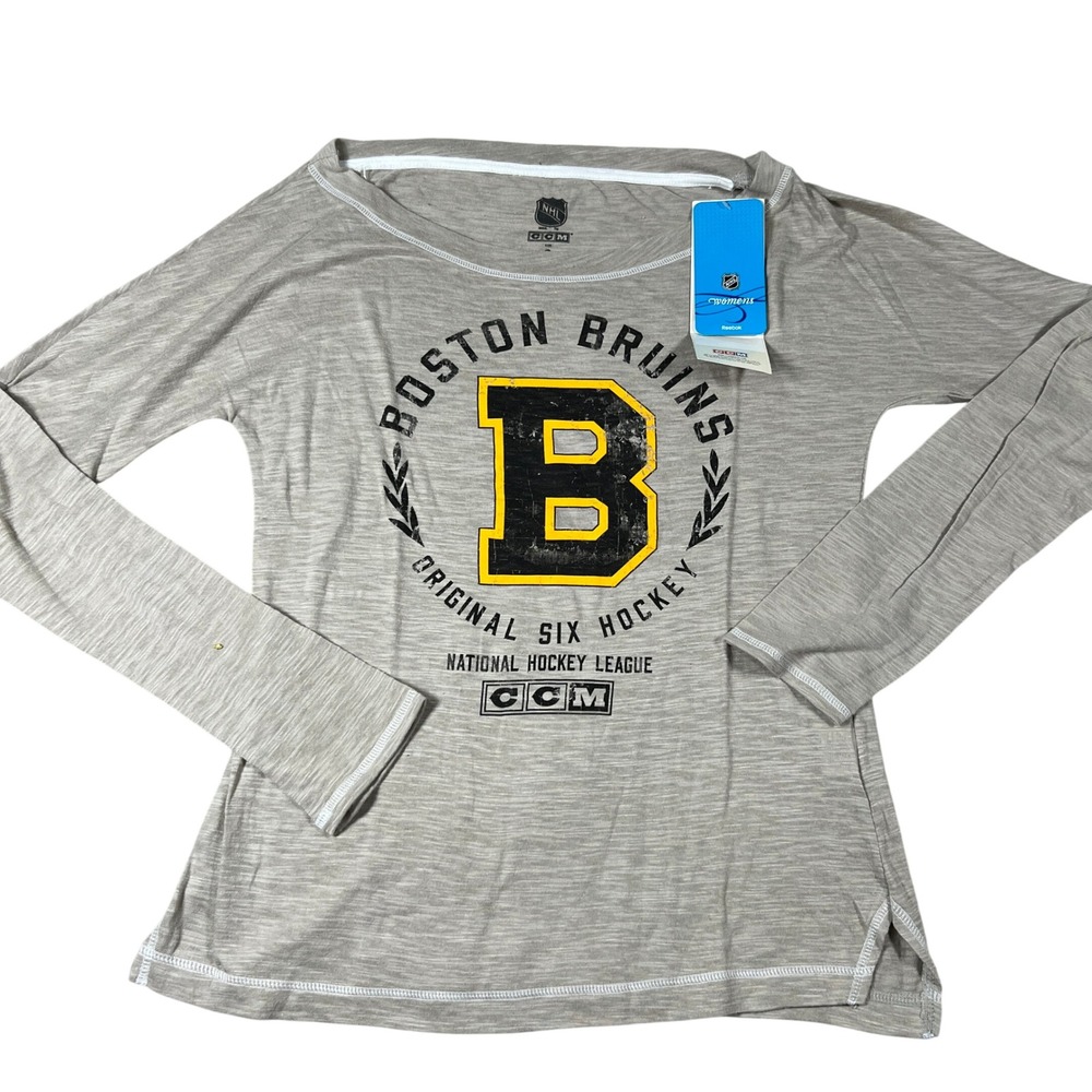 CCM Boston Bruins NHL Womens Small Long Sleeve Slub Shirt Tan Original Six New